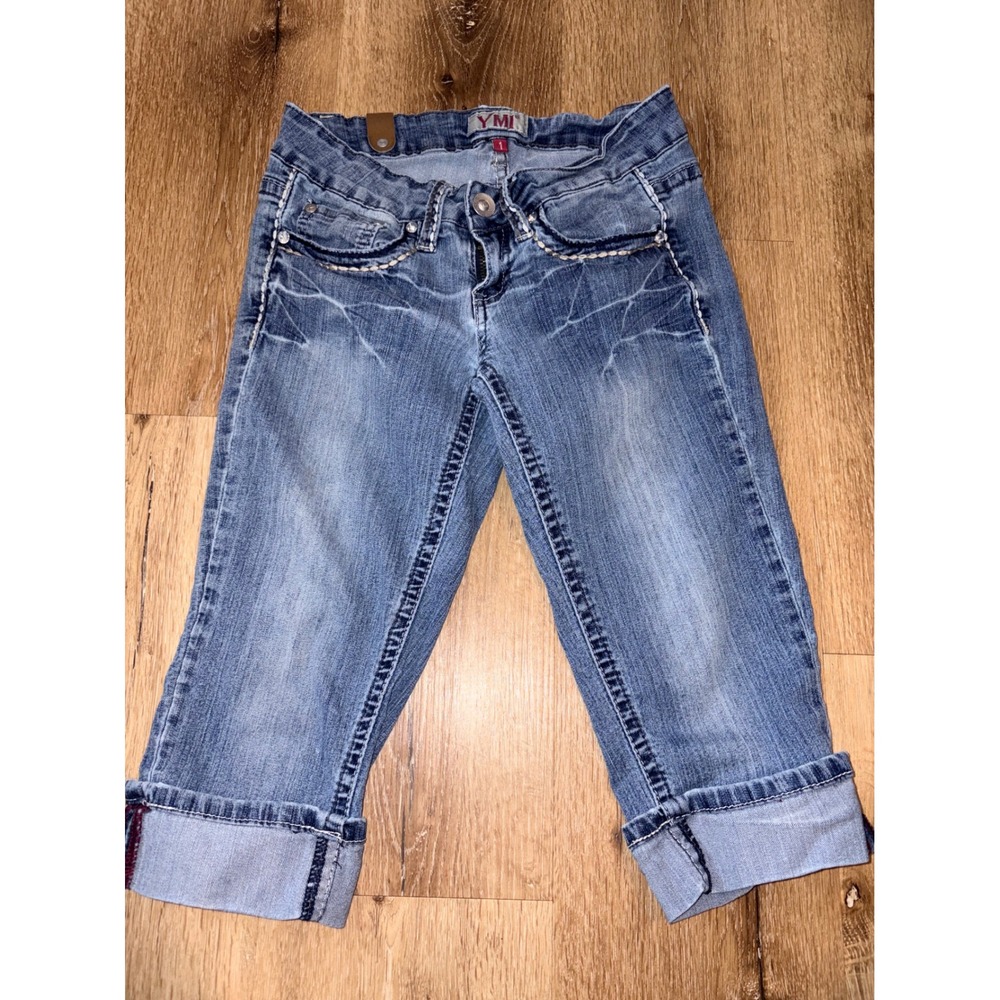 VTG YMI Medium Wash Low Rise Capri Jeans‎ Whiskered Thick Stitch Size 1 Y2K